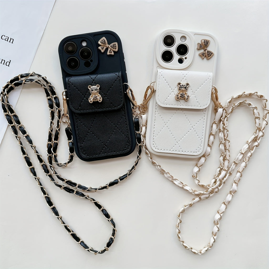 3D Cartoon Bear with Bowknot Mobile Phone Case, with Lanyard, Suitable for iPhone 16/15Promax/15/16plus/14 with Lanyard, Can be Carried Diagonally, 12/13promax Full Cover Soft Case 11 Protective Case Coin Wallet