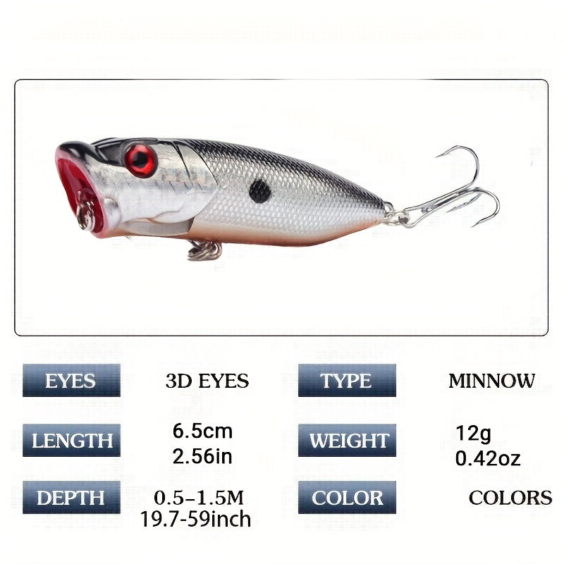 5pcs Premium Topwater Popper Fishing Lures - High-Quality Artificial Wobblers with 6# Hooks - Perfect for Catching Big Fish, 6.5cm/2.56inch, 12g, Hard Bait, Lifelike Action, Durable Construction, and Irresistible Colors