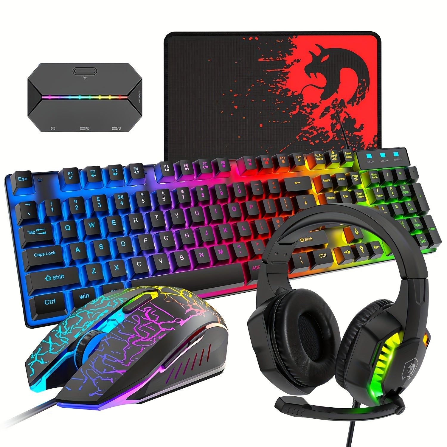5-in-1 Wired Gaming Keyboard and Mouse, Mouse Pad and Gaming Headset with G6L Control Adapter, Rainbow LED Backlit Keyboard, Over-Ear Headphones with Mic, Gaming Mouse, Mouse Pad for PC Gamers and Xbox and PS4