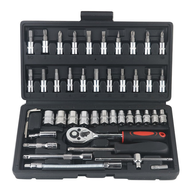 46-Piece Socket Wrench Set - Fast and Efficient, Compact and Portable, Perfect for Automotive Repair and Maintenance, Multi-Functional and Versatile Ratchet Screwdriver Combination Tool - Comprehensive and Complete Kit for Qu