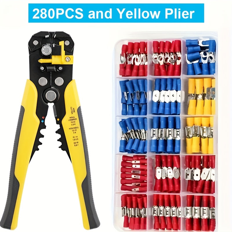 280pcs UMLIFE Spade Crimp Terminals with 5-in-1 Wire Stripper, Insulated Copper Connectors, Easy-to-Use for Automotive and Home Electrical Connections, Car Electrical Terminal Block, Uncharged, with Copper Contacts, for Start