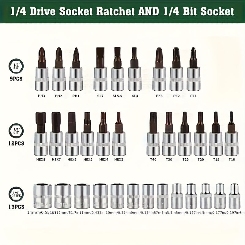 46pcs Mechanical Tool Socket Set, 1/2" 1/4" 3/8" Drive SAE and Metric Sizes, Universal Ratchet Wrench Set with 72-Tooth Ratchet for Automotive, Home, Garage, Bicycle Trunk