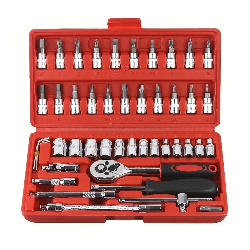 46-Piece Socket Wrench Set - Fast and Efficient, Compact and Portable, Perfect for Automotive Repair and Maintenance, Multi-Functional and Versatile Ratchet Screwdriver Combination Tool - Comprehensive and Complete Kit for Qu