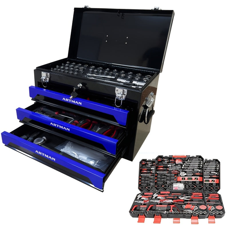239/439pcs Mechanic'S Tool Collection, Home Tool Kit Featuring a Sturdy 3-Drawer Metal Storage Box, Portable Toolbox Suitable for Home And Automotive Repairs.