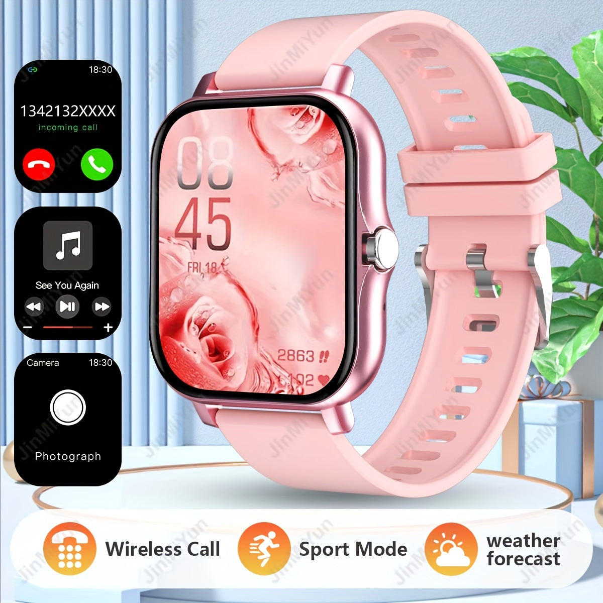 4.65cm Full Touch Screen Smartwatch for Men & Women – Sports Outdoors Fitness Watch with Wireless Call & Message Alerts, Multiple Sports Modes, Remote Camera/Music, Activity Tracker, Compatible with Android & iPhone, Non-Wa