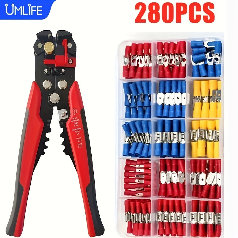 280pcs UMLIFE Spade Crimp Terminals with 5-in-1 Wire Stripper, Insulated Copper Connectors, Easy-to-Use for Automotive and Home Electrical Connections, Car Electrical Terminal Block, Uncharged, with Copper Contacts, for Start