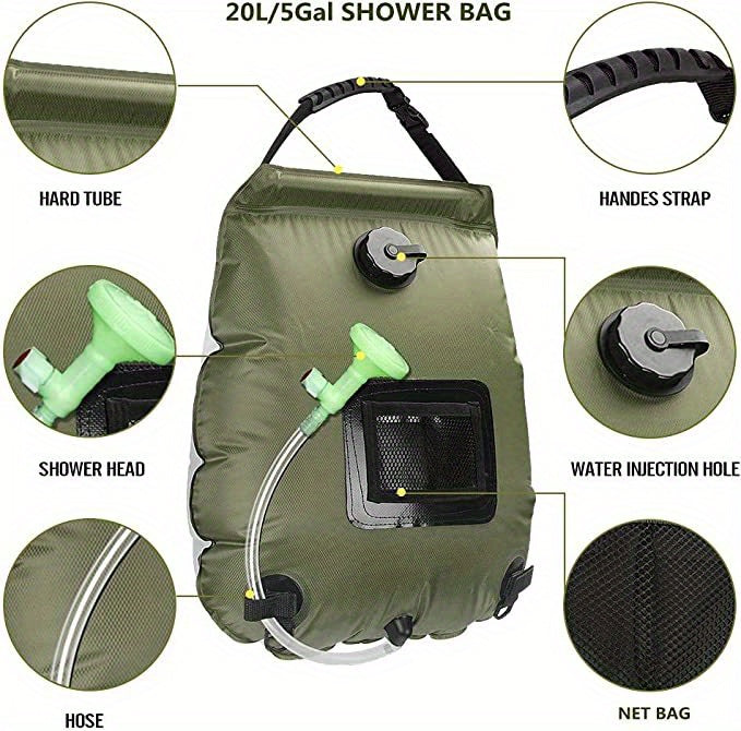 5 Gallon Solar-Powered Portable Shower Bag - Rapid Heating, Removable Hose & Adjustable Showerhead for Ultimate Outdoor Hygiene on Camping, Hiking, Beach Trips
