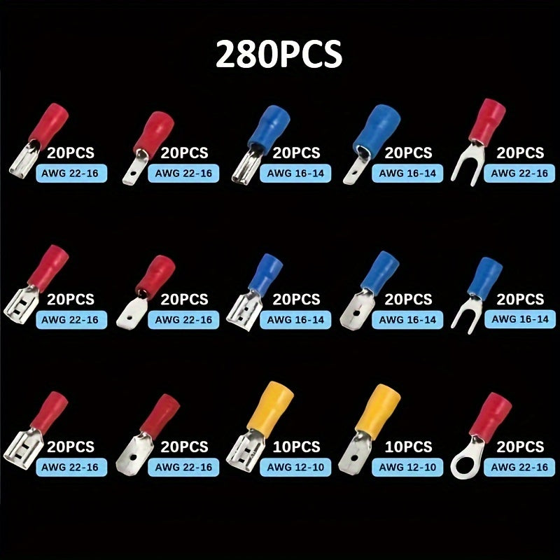 280pcs UMLIFE Spade Crimp Terminals with 5-in-1 Wire Stripper, Insulated Copper Connectors, Easy-to-Use for Automotive and Home Electrical Connections, Car Electrical Terminal Block, Uncharged, with Copper Contacts, for Start