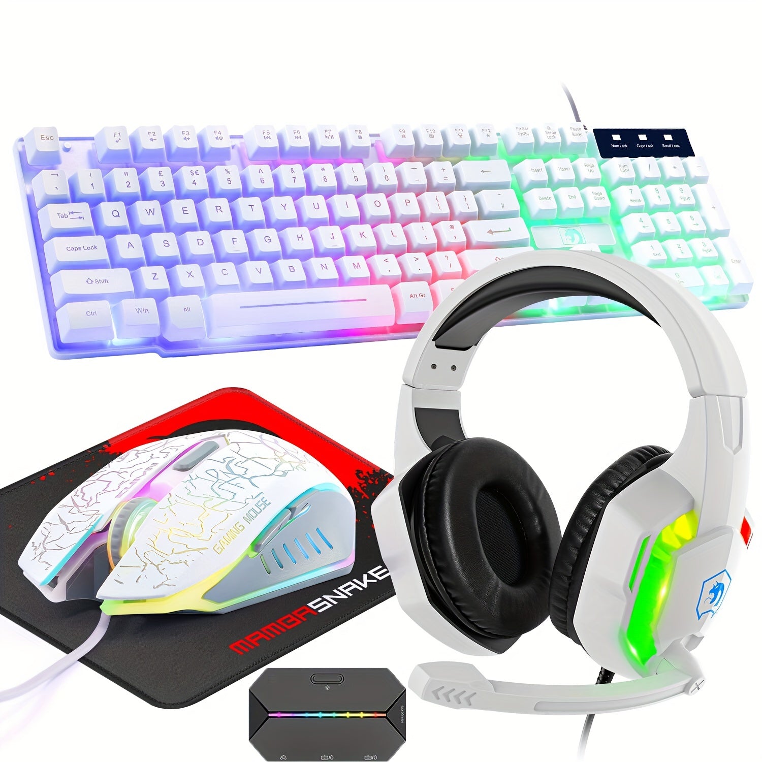 5-in-1 Wired Gaming Keyboard and Mouse, Mouse Pad and Gaming Headset with G6L Control Adapter, Rainbow LED Backlit Keyboard, Over-Ear Headphones with Mic, Gaming Mouse, Mouse Pad for PC Gamers and Xbox and PS4