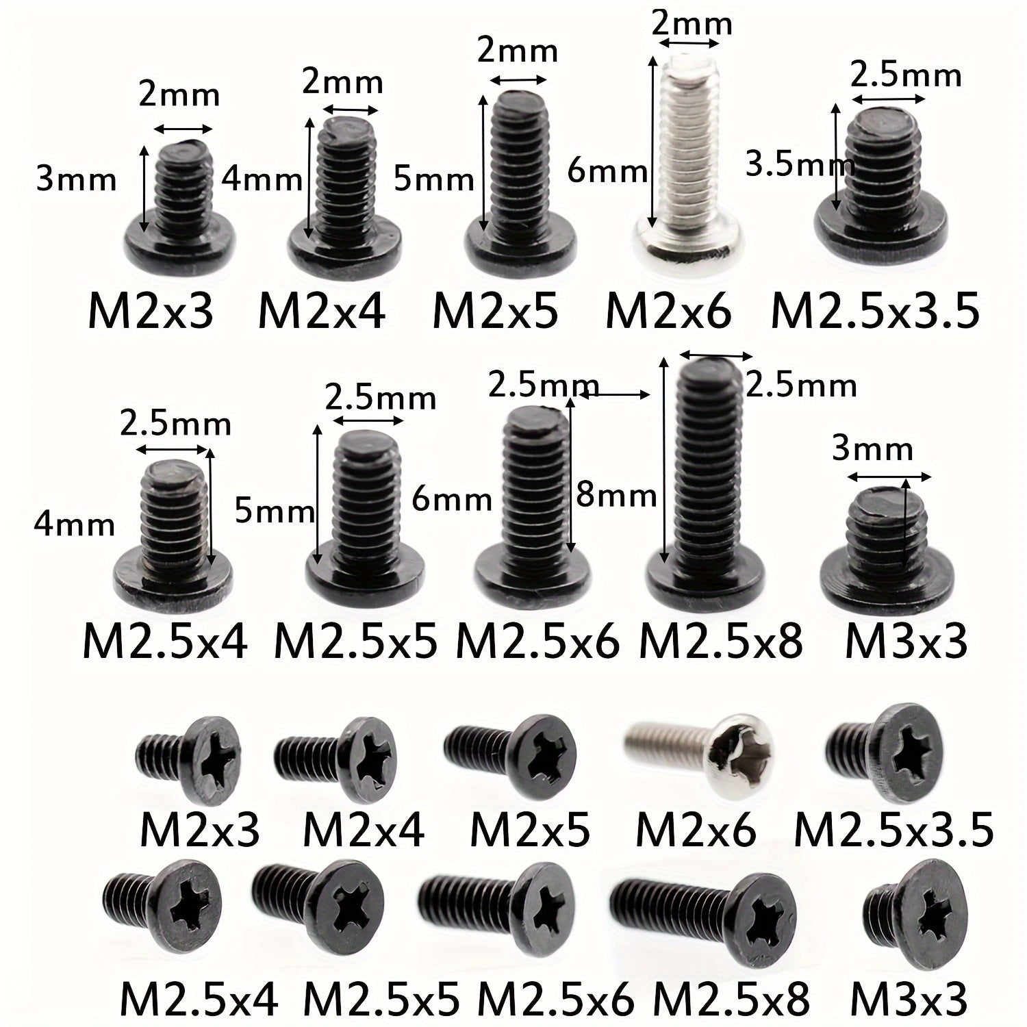 500pcs Set Screws Assortment Kit - Galvanized Iron Flat Head Phillips Drive Screws - Fully Threaded, Low Profile, for Use in Plastic, Right Hand Thread Direction - Extensive Application in Electronics Repair