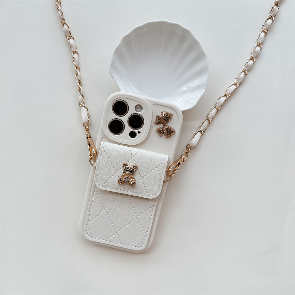 3D Cartoon Bear with Bowknot Mobile Phone Case, with Lanyard, Suitable for iPhone 16/15Promax/15/16plus/14 with Lanyard, Can be Carried Diagonally, 12/13promax Full Cover Soft Case 11 Protective Case Coin Wallet