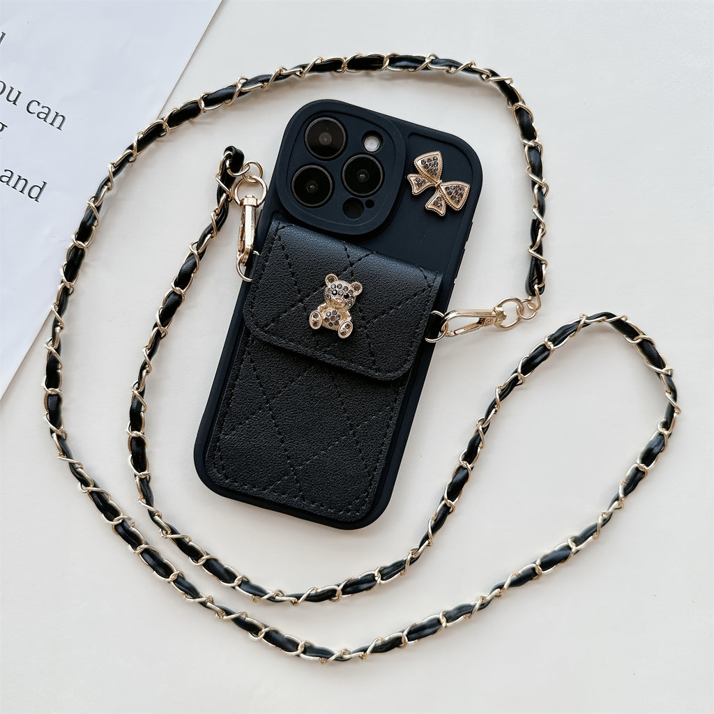 3D Cartoon Bear with Bowknot Mobile Phone Case, with Lanyard, Suitable for iPhone 16/15Promax/15/16plus/14 with Lanyard, Can be Carried Diagonally, 12/13promax Full Cover Soft Case 11 Protective Case Coin Wallet