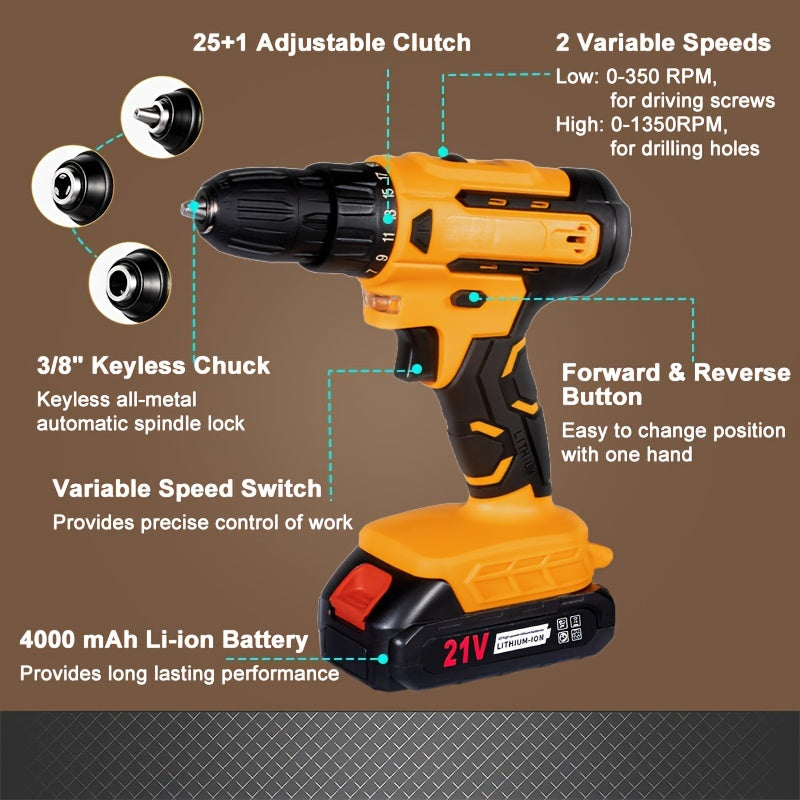 21V 4000MAH Cordless Impact Wrench and Drill Set, Brushless Power Impact Gun with Electric Drill Kit, Portable Tool Bag and Accessories for Automotive and Home Use