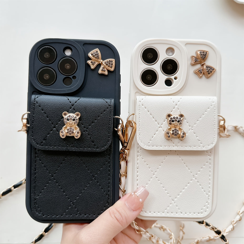 3D Cartoon Bear with Bowknot Mobile Phone Case, with Lanyard, Suitable for iPhone 16/15Promax/15/16plus/14 with Lanyard, Can be Carried Diagonally, 12/13promax Full Cover Soft Case 11 Protective Case Coin Wallet