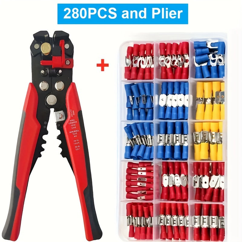 280pcs UMLIFE Spade Crimp Terminals with 5-in-1 Wire Stripper, Insulated Copper Connectors, Easy-to-Use for Automotive and Home Electrical Connections, Car Electrical Terminal Block, Uncharged, with Copper Contacts, for Start