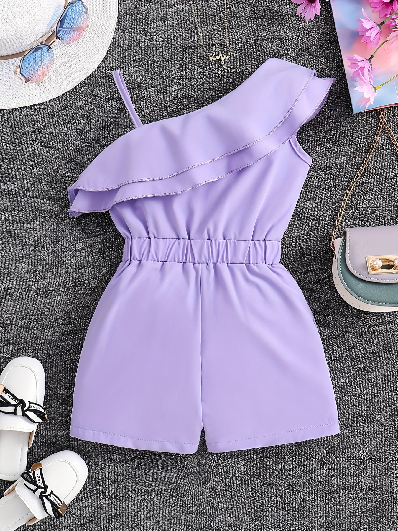 Girls' Short Ruffled Sleeveless Romper - Summer Solid Color Short Outfit with Diagonal Collar, Short Length for & Little Girls, Casual Playwear & Dressing (Hand Washable) - Non-Stretch Summer Clothing, Perfect for Outdoor