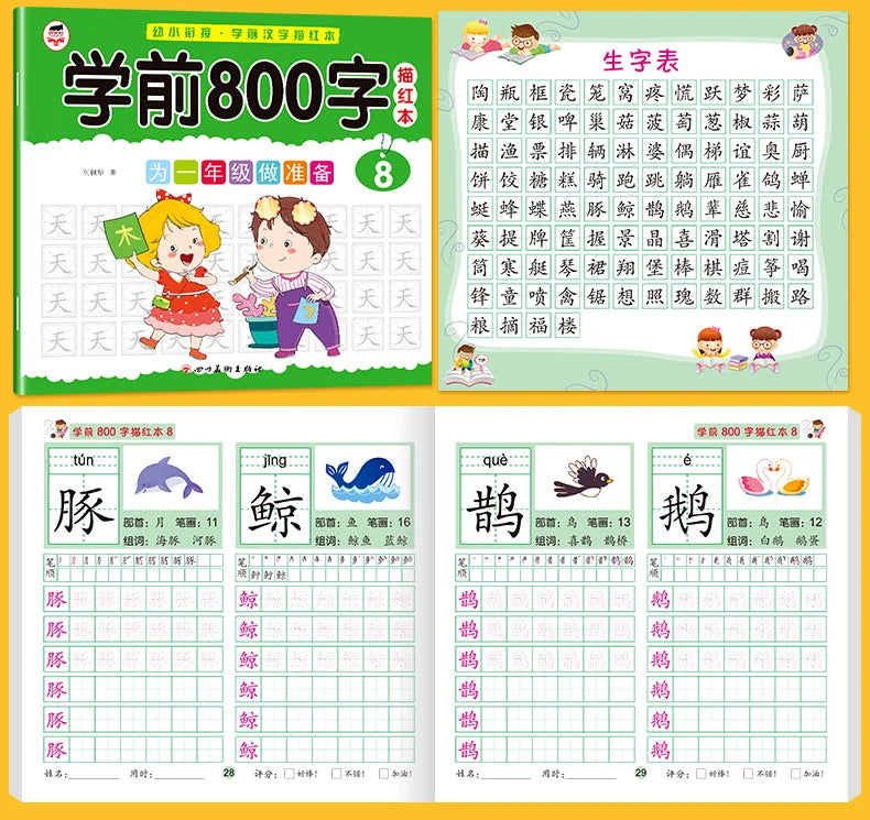 8 Books/set Children Pencil Chinese Tracing Red 800-Character Preschool Children Aged 3-6 Practice Copybook Early Education Book