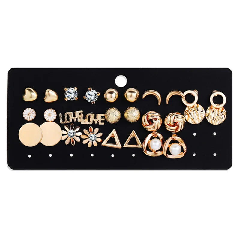 40Pcs/Set Gold Color Earring Set Vintage Butterfly Heart Pearl Crystal Stud Earrings for Women Korean  2024 Brincos Jewelry Gift