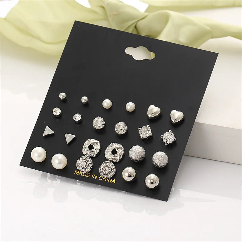 40Pcs/Set Gold Color Earring Set Vintage Butterfly Heart Pearl Crystal Stud Earrings for Women Korean  2024 Brincos Jewelry Gift