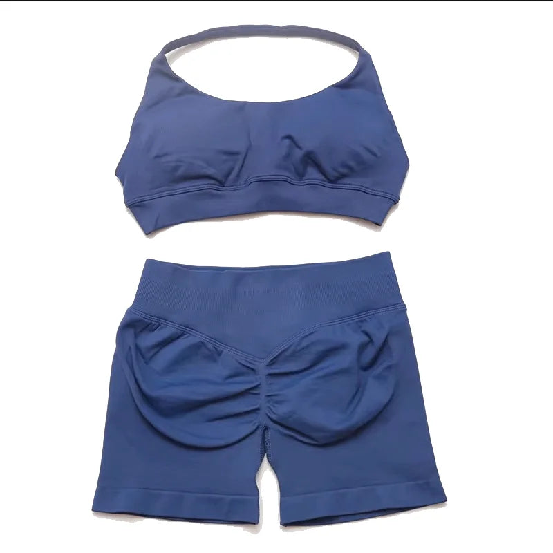 2Pcs Gym Set Women Backless Tank Tops High Waist Scrunch Seamless  Shorts Gym Suit Fitness Clothes Activewear