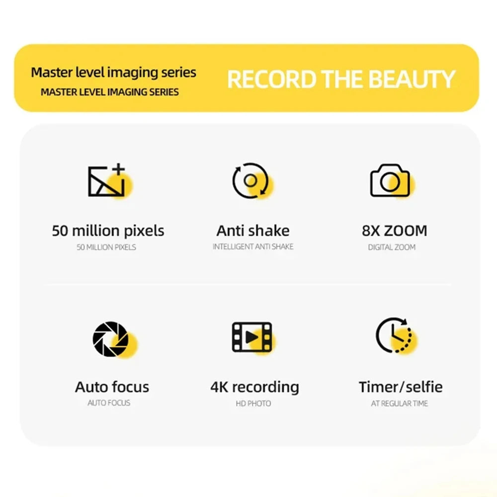 4K Digital Camera 50MP HD Retro Pocket Cameras Photography Travel Selfie Entry-Level Small Camera with 8x Zoom Compact Camcorder