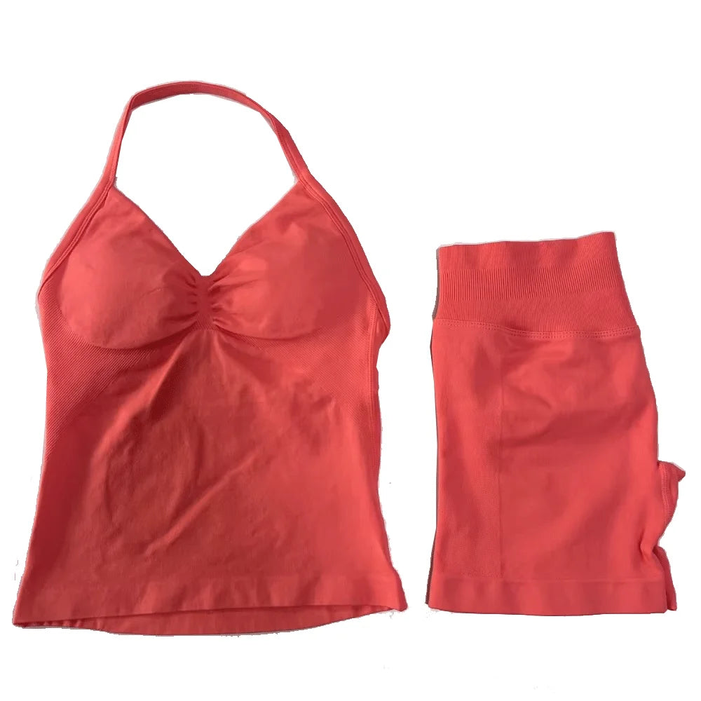 2Pcs Gym Set Women Backless Tank Tops High Waist Scrunch Seamless  Shorts Gym Suit Fitness Clothes Activewear