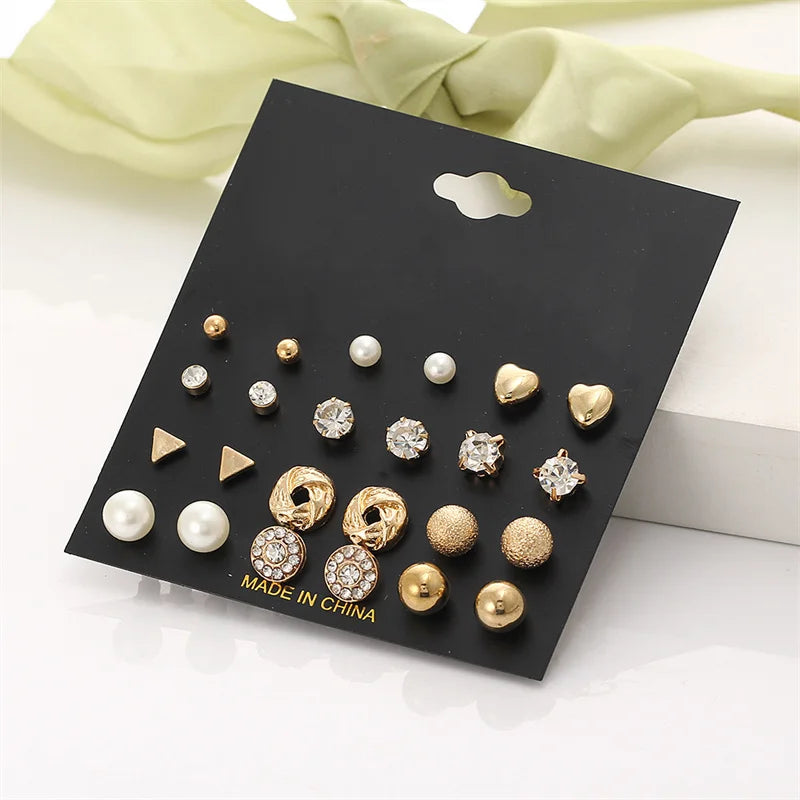 40Pcs/Set Gold Color Earring Set Vintage Butterfly Heart Pearl Crystal Stud Earrings for Women Korean  2024 Brincos Jewelry Gift