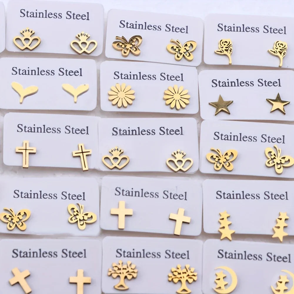10/20Pairs Fashion Stainless Steel Stud Earrings For Women Mix Style Simple Love Flower Animal Star Ear Jewelry Party Gifts