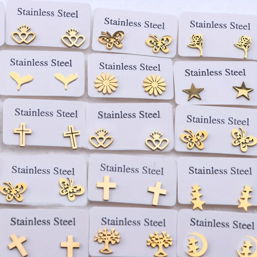 10/20Pairs Fashion Stainless Steel Stud Earrings For Women Mix Style Simple Love Flower Animal Star Ear Jewelry Party Gifts
