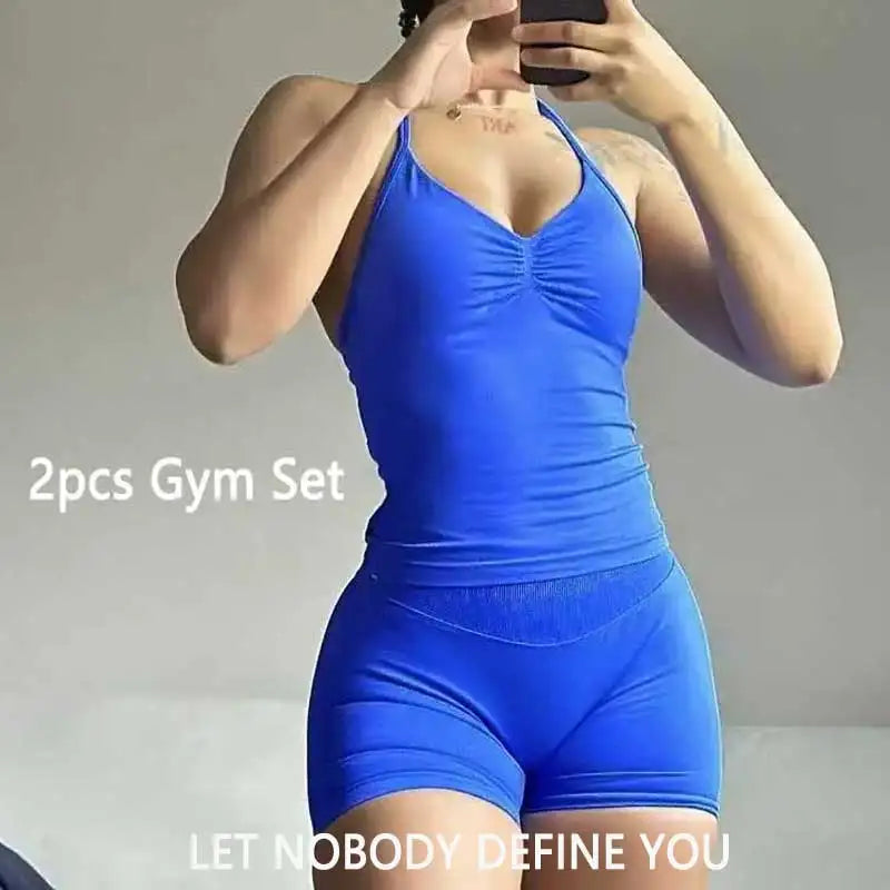 2Pcs Gym Set Women Backless Tank Tops High Waist Scrunch Seamless  Shorts Gym Suit Fitness Clothes Activewear