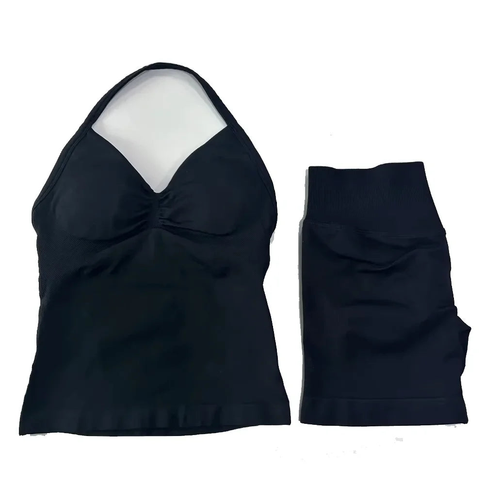 2Pcs Gym Set Women Backless Tank Tops High Waist Scrunch Seamless  Shorts Gym Suit Fitness Clothes Activewear