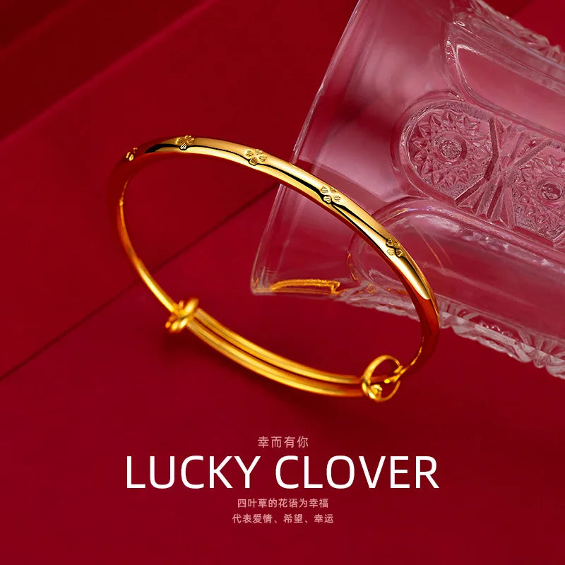 Pure 18k Yellow Gold Lucky Bracelet for Women Trend Gold Grass Smooth Push and Pull Handle for Women Jewelry