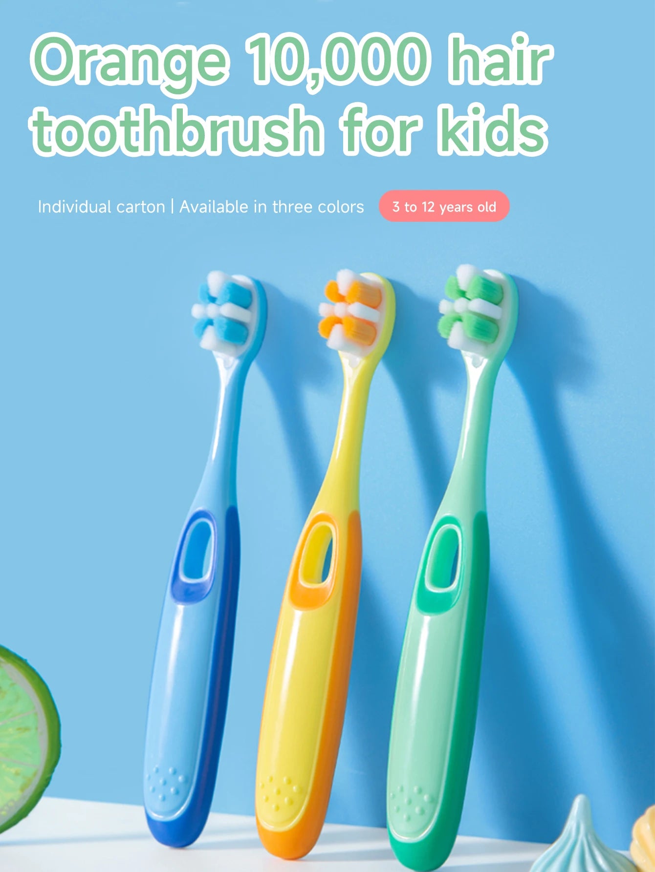 Children 3-12 years old ten thousand hair soft bristle toothbrush three colors available. Brush head with dust jacket