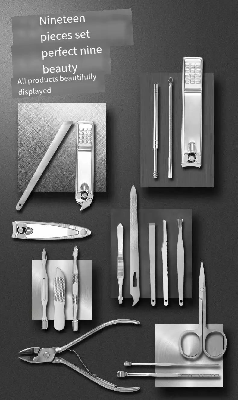 19PCS Professional Pedicure Nail Scissors Tool Nail Clipper Set Stainless Steel Manicure Cutter Trimmer Ear Spoon Nail Clipper