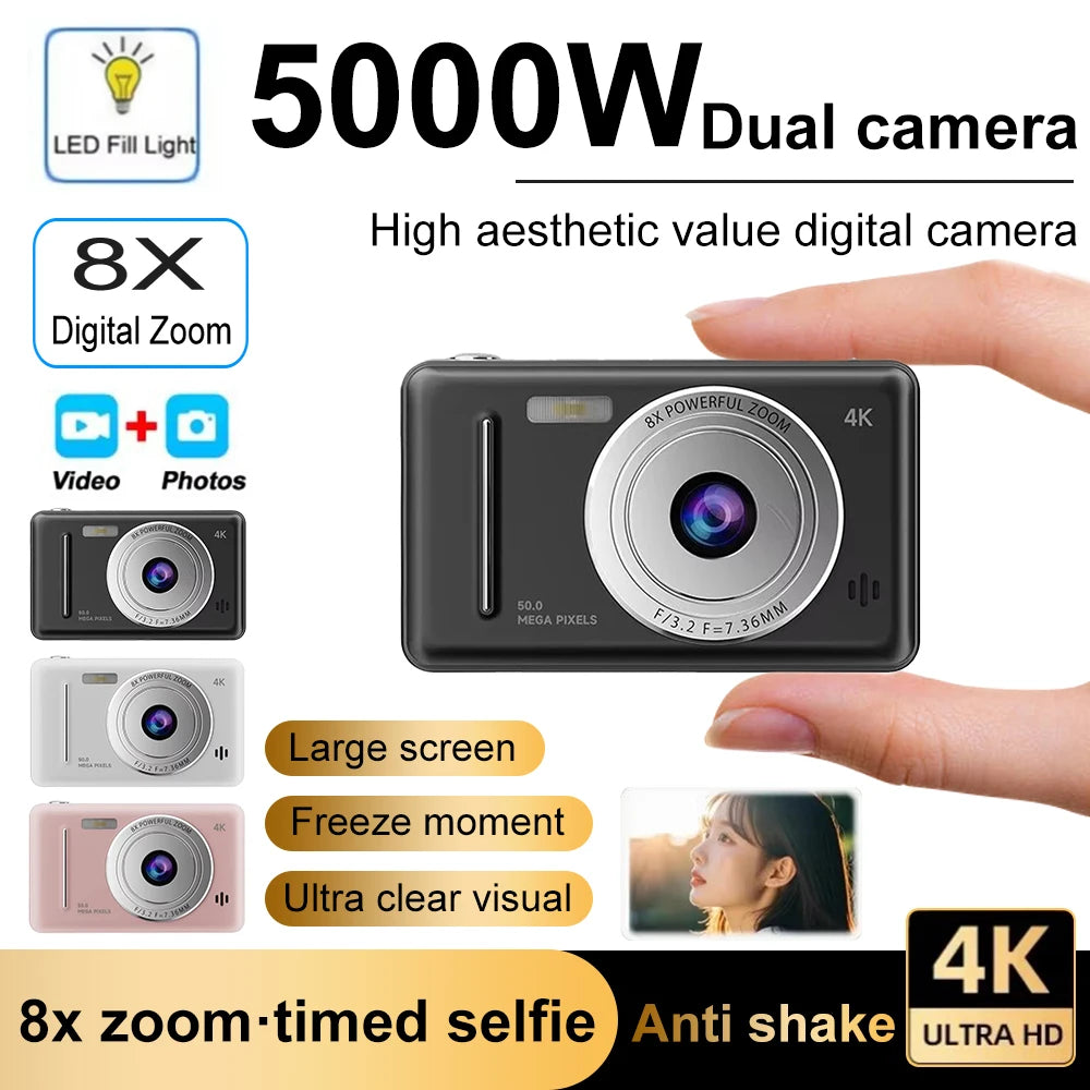 4K Digital Camera 50MP HD Retro Pocket Cameras Photography Travel Selfie Entry-Level Small Camera with 8x Zoom Compact Camcorder