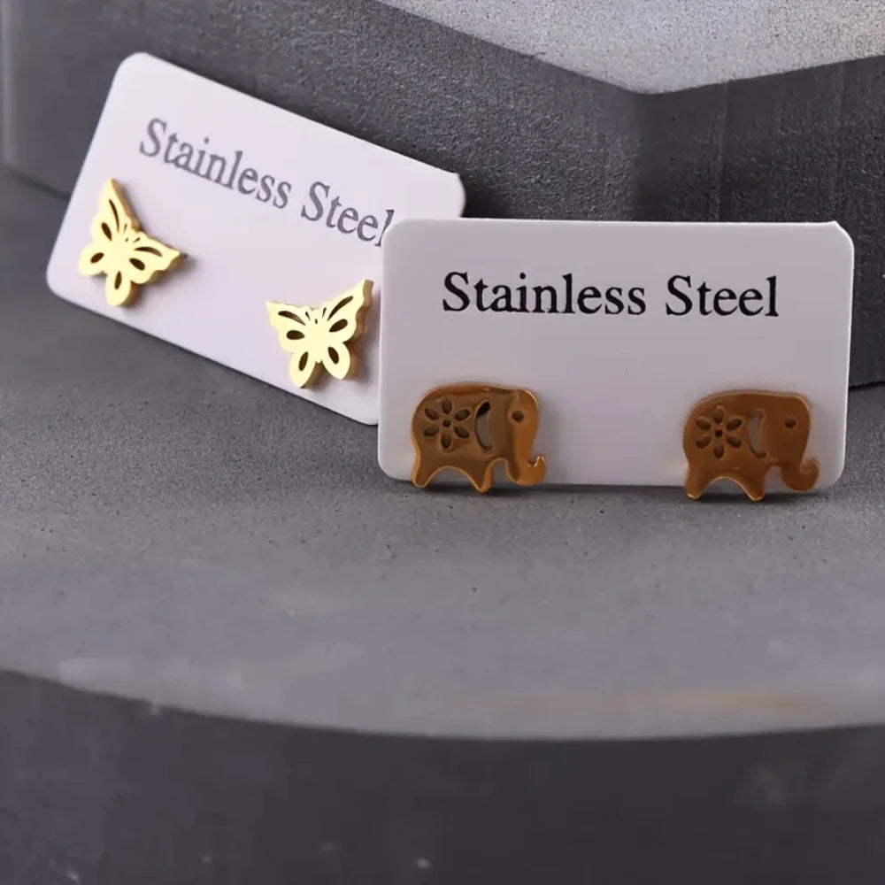 10/20Pairs Fashion Stainless Steel Stud Earrings For Women Mix Style Simple Love Flower Animal Star Ear Jewelry Party Gifts