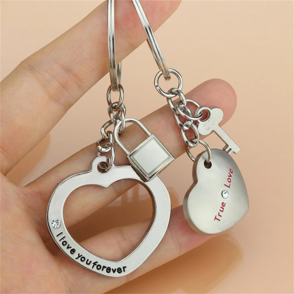 2pcs Couple I Love You Forever Key Locks Keyring Women Metal Heart Keychains Set For Boyfriend Girlfriend Valentine'S Day Gifts