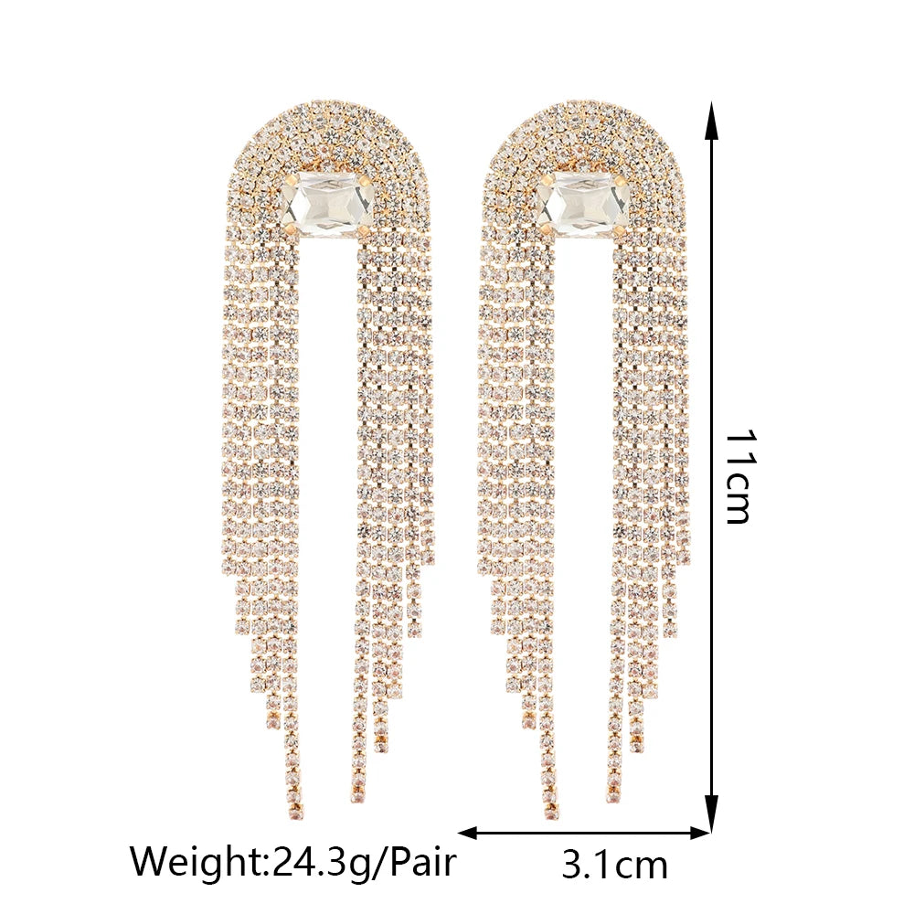 Elegant Fashion Bridal Wedding Party Jewelry Rhinestone Luxury Fairy Tassel Formal Unusual Dangle Earrings For Women Modern Gift