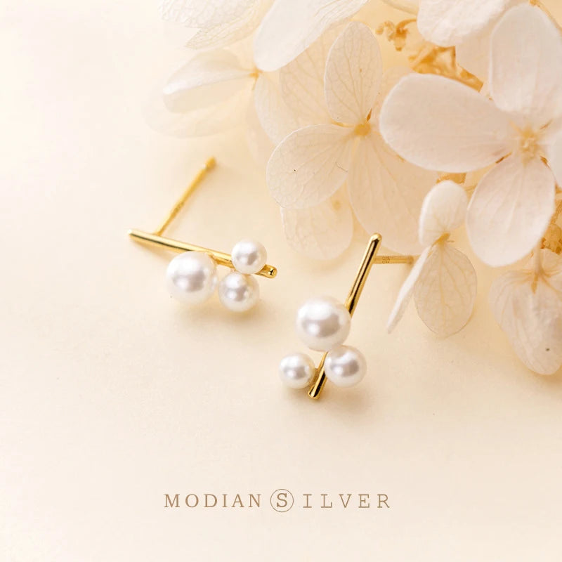 Modian Classic 925 Sterling Silver Temperament Ear Pin for Women Fashion Elegant Pearl Geometric Stud Earring Fine Jewelry