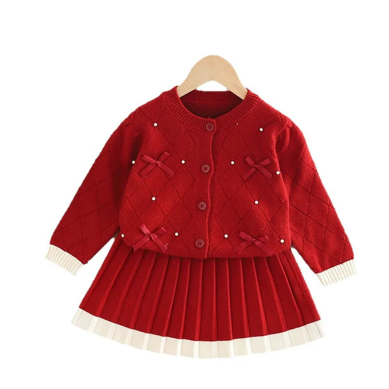 Children Girls Preppy Outfits Bow Shiny Infant Babys Girls Sweater Cardigan Suits Loose Velvet Pleated Skirt Kids Girls 2PCS Set