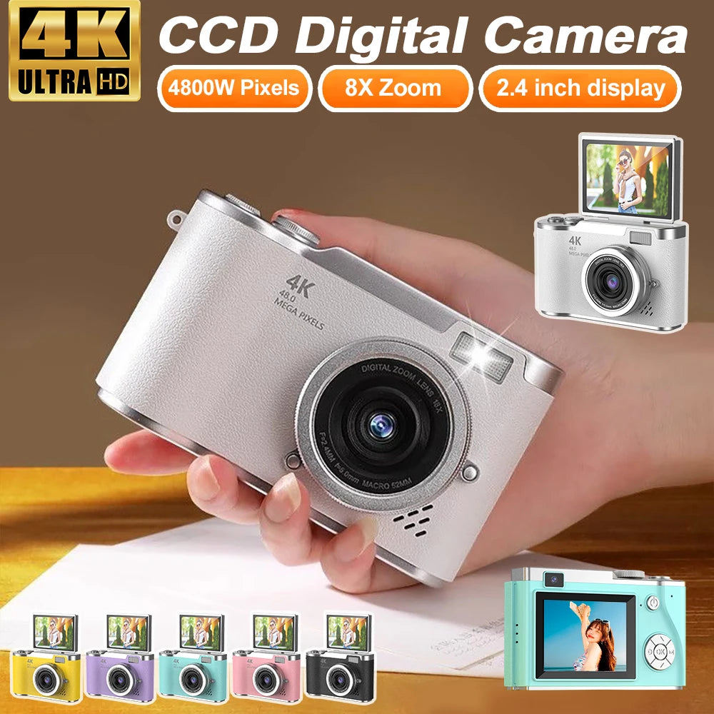 4K CCD 8X Digital Zoom Digital Camera for Student 48MP Compact Digital Photography Camera 180 Flip Screen Selfile Camera