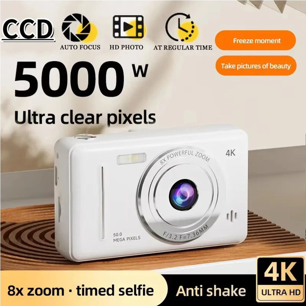 4K Digital Camera 50MP HD Retro Pocket Cameras Photography Travel Selfie Entry-Level Small Camera with 8x Zoom Compact Camcorder