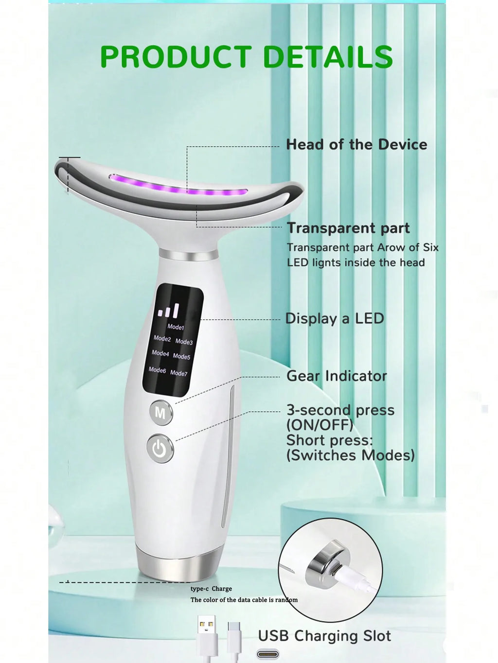 Colour Light Face And Neck Beauty Instrument 7 Modes And 7 Speeds Adjustment With Curved Hand Grip Neck Beauty Instrument