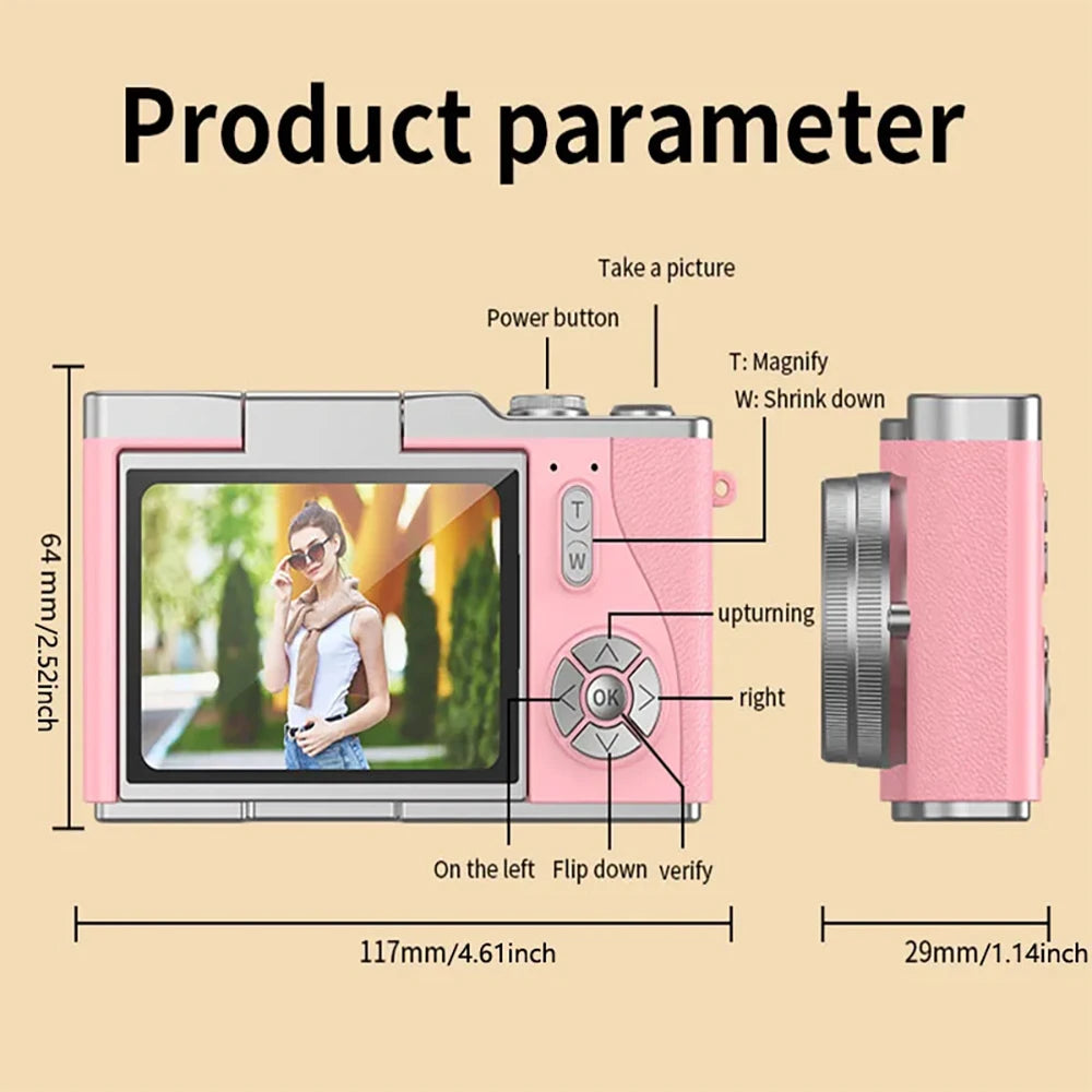 4K CCD 8X Digital Zoom Digital Camera for Student 48MP Compact Digital Photography Camera 180 Flip Screen Selfile Camera