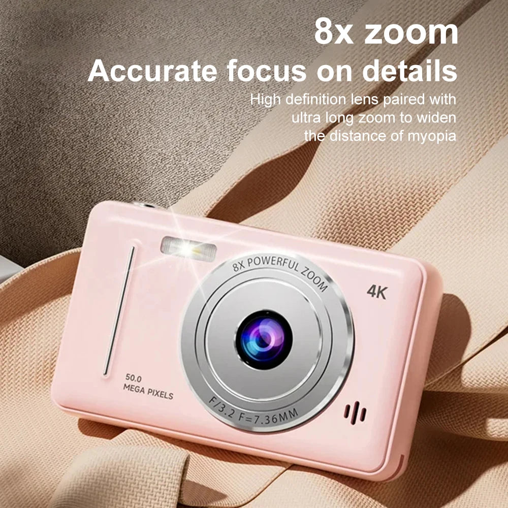 4K Digital Camera 50MP HD Retro Pocket Cameras Photography Travel Selfie Entry-Level Small Camera with 8x Zoom Compact Camcorder
