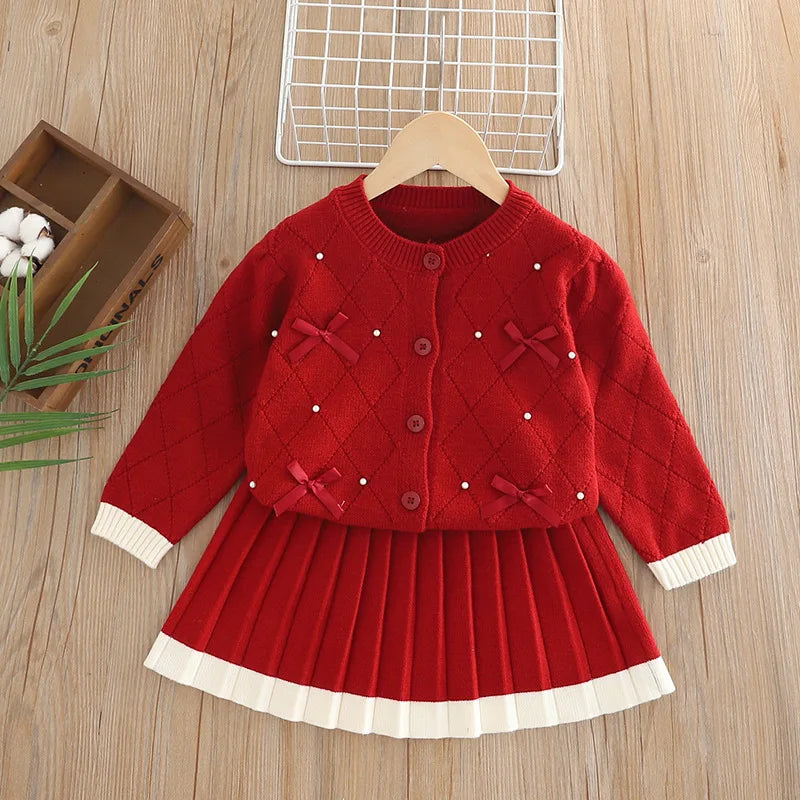 Children Girls Preppy Outfits Bow Shiny Infant Babys Girls Sweater Cardigan Suits Loose Velvet Pleated Skirt Kids Girls 2PCS Set