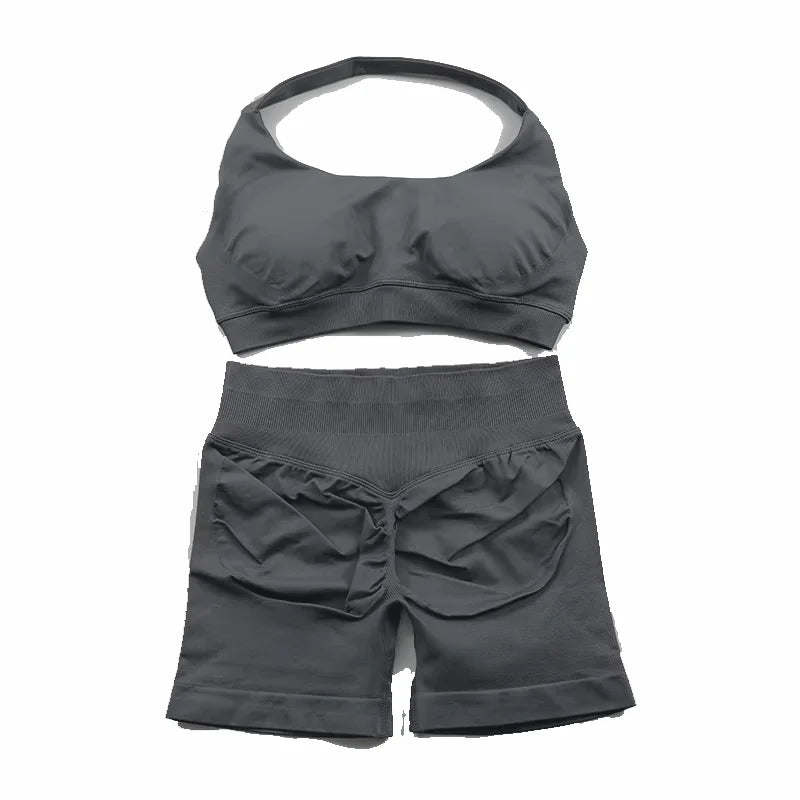 2Pcs Gym Set Women Backless Tank Tops High Waist Scrunch Seamless  Shorts Gym Suit Fitness Clothes Activewear