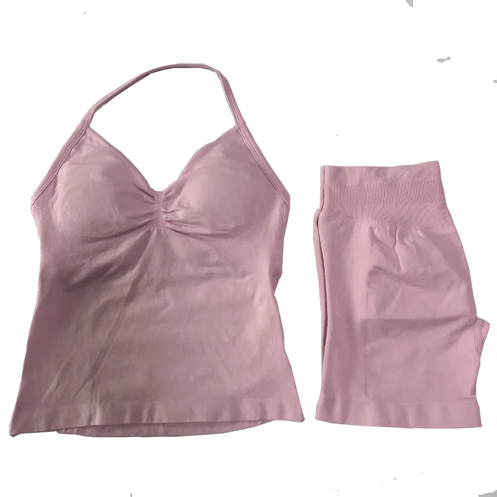 2Pcs Gym Set Women Backless Tank Tops High Waist Scrunch Seamless  Shorts Gym Suit Fitness Clothes Activewear