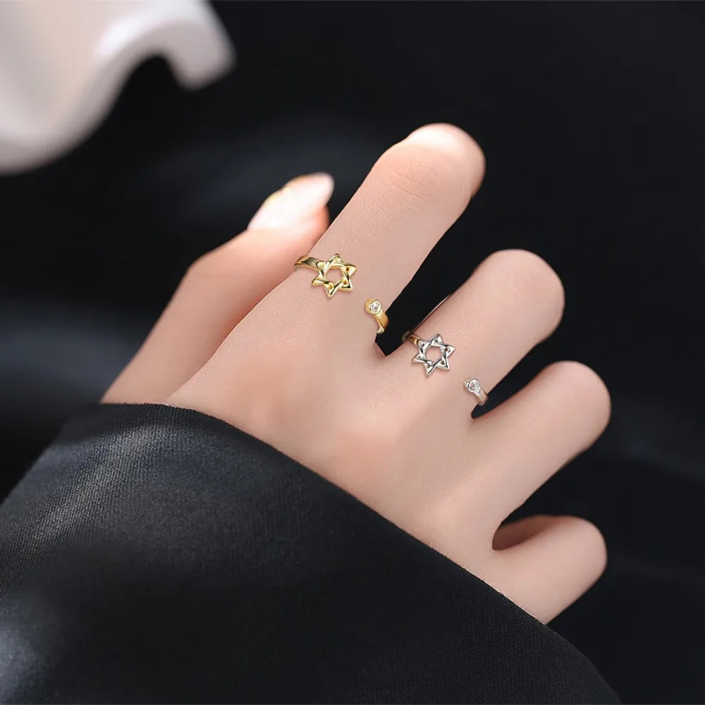Monkton Real S925 Sterling Silver Hollow Hexagon Ring for Women Fashion Open Star of David Silver 925 Jewelry Promise Ring