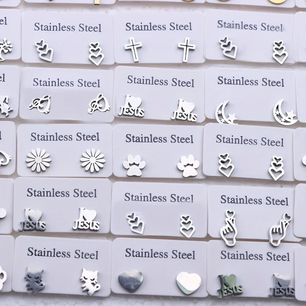 10/20Pairs Fashion Stainless Steel Stud Earrings For Women Mix Style Simple Love Flower Animal Star Ear Jewelry Party Gifts